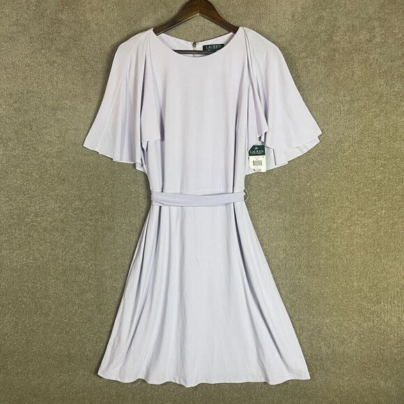 Ralph Lauren Gaelyn Dress Womens 8 Purple Tie-Waist Jersey Flutter Sleeve NEW - Picture 3 of 13